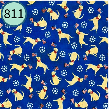 All American Fabric from Moda.  Patriotic labs with flags and fireworks. Blue, tan, white.
