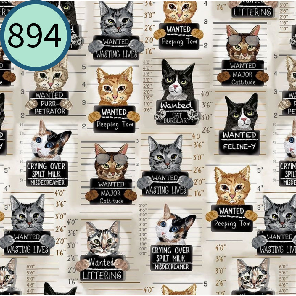 Pattern of cats in mugshot poses with humorous 'WANTED' signs on a white background.