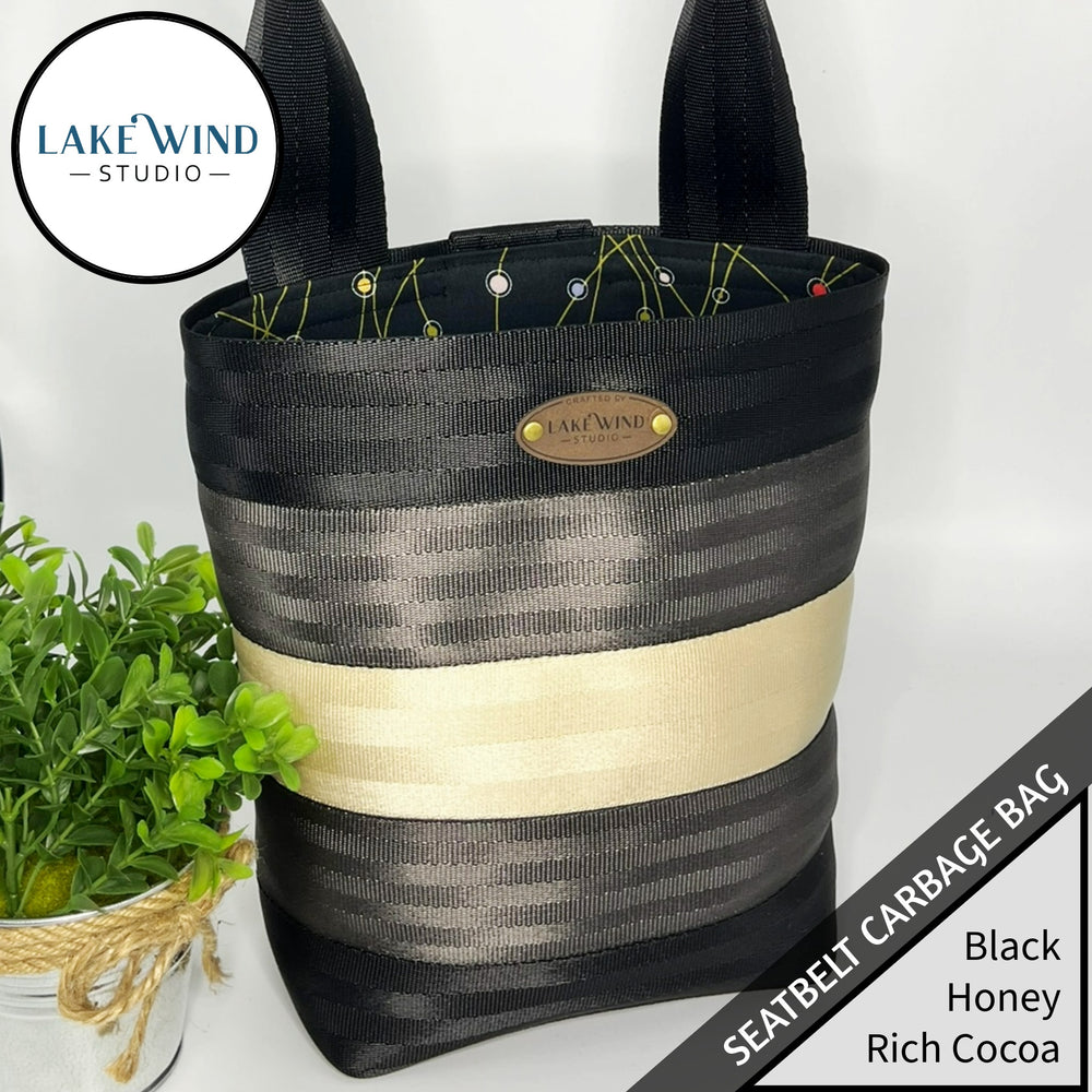 Garbage bag for car made from seatbelt webbing - black, tan, cocoa