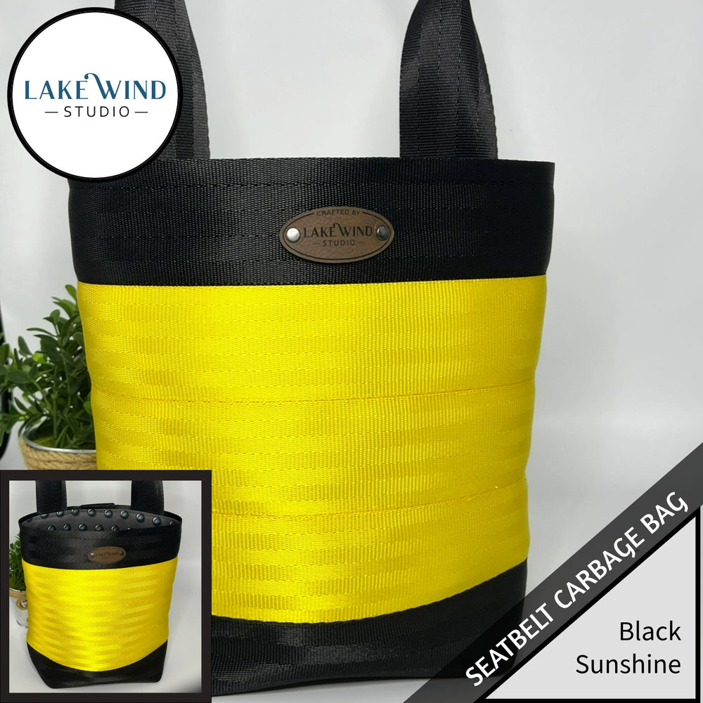 Garbage bag for car made from seatbelt webbing - yellow and black