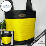 Garbage bag for car made from seatbelt webbing - yellow and black