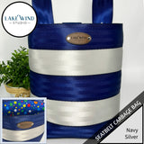 Garbage bag for car made from seatbelt webbing - navy and silver