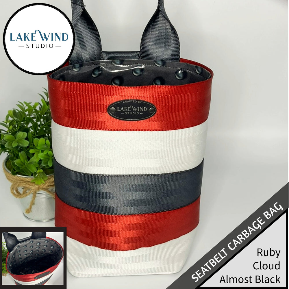 Garbage bag for car made from seatbelt webbing - red, black, white