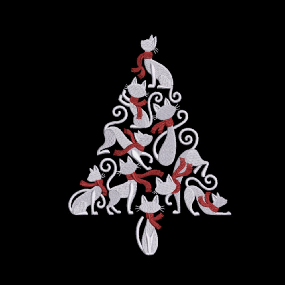 Christmas tree made of cats with red scarves on a black background