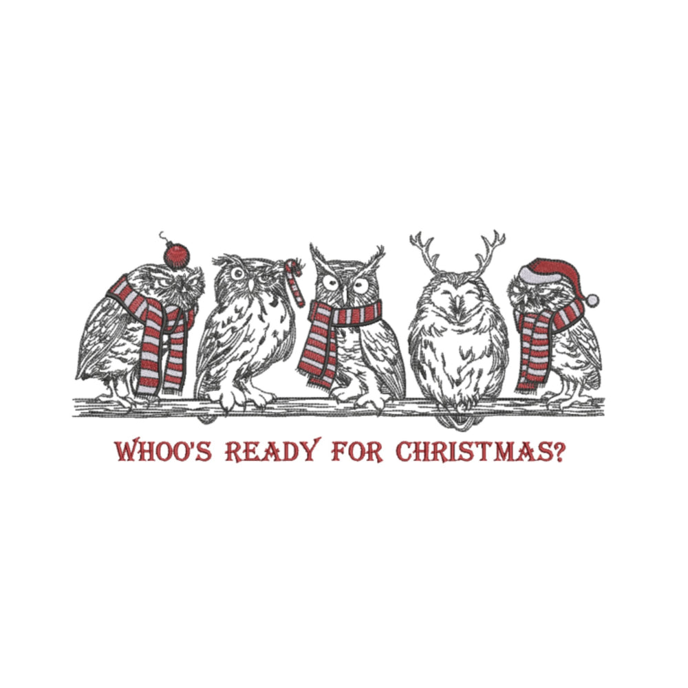 Illustration of owls wearing Christmas scarves and hats with text 'WHO'S READY FOR CHRISTMAS?' on a white background.