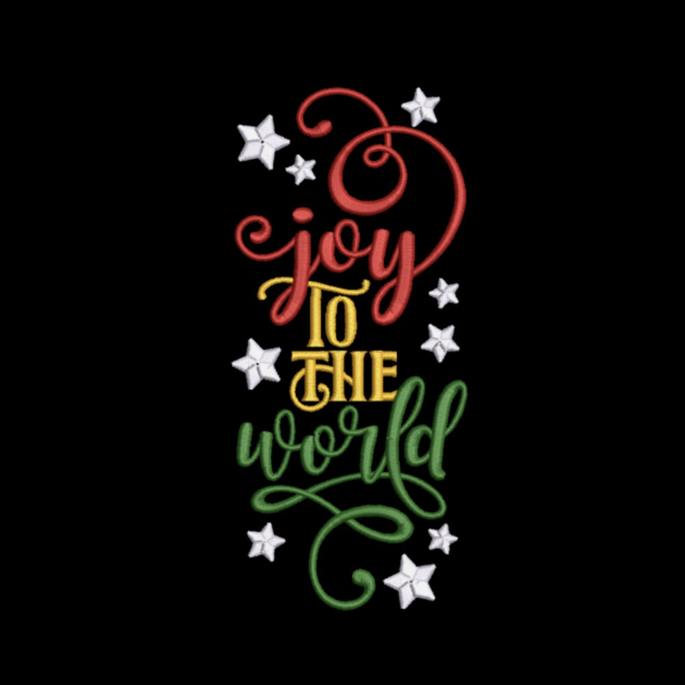 Colorful text 'Joy to the World' with stars on a black background