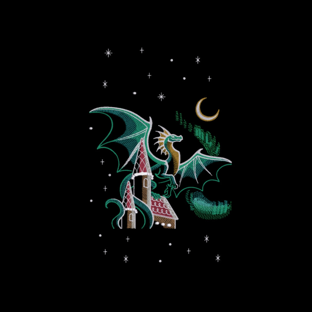 Embroidered design of a dragon flying over a castle with stars and a moon on a black background.