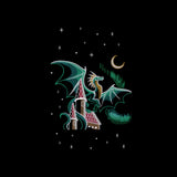 Embroidered design of a dragon flying over a castle with stars and a moon on a black background.