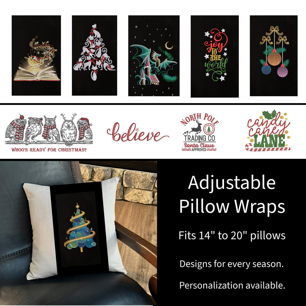 Collage of Christmas-themed adjustable pillow covers with decorative designs and text.
