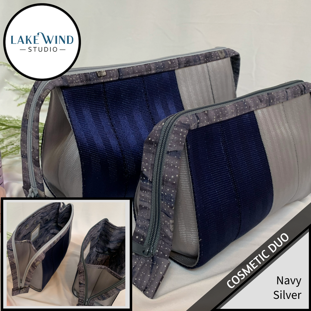 Cosmetic bag - makeup bag - navy, silver