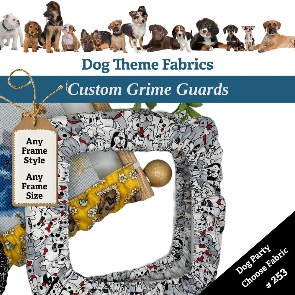 Dog-themed fabric with a frame and text about customizable grime guards and fabric choices.