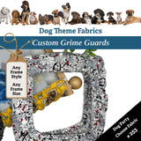 Dog-themed fabric with a frame and text about customizable grime guards and fabric choices.