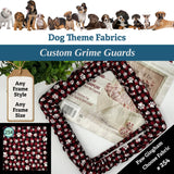 Dog theme fabrics with paw print pattern on a frame, surrounded by small dog illustrations and text about customizable grime guards.