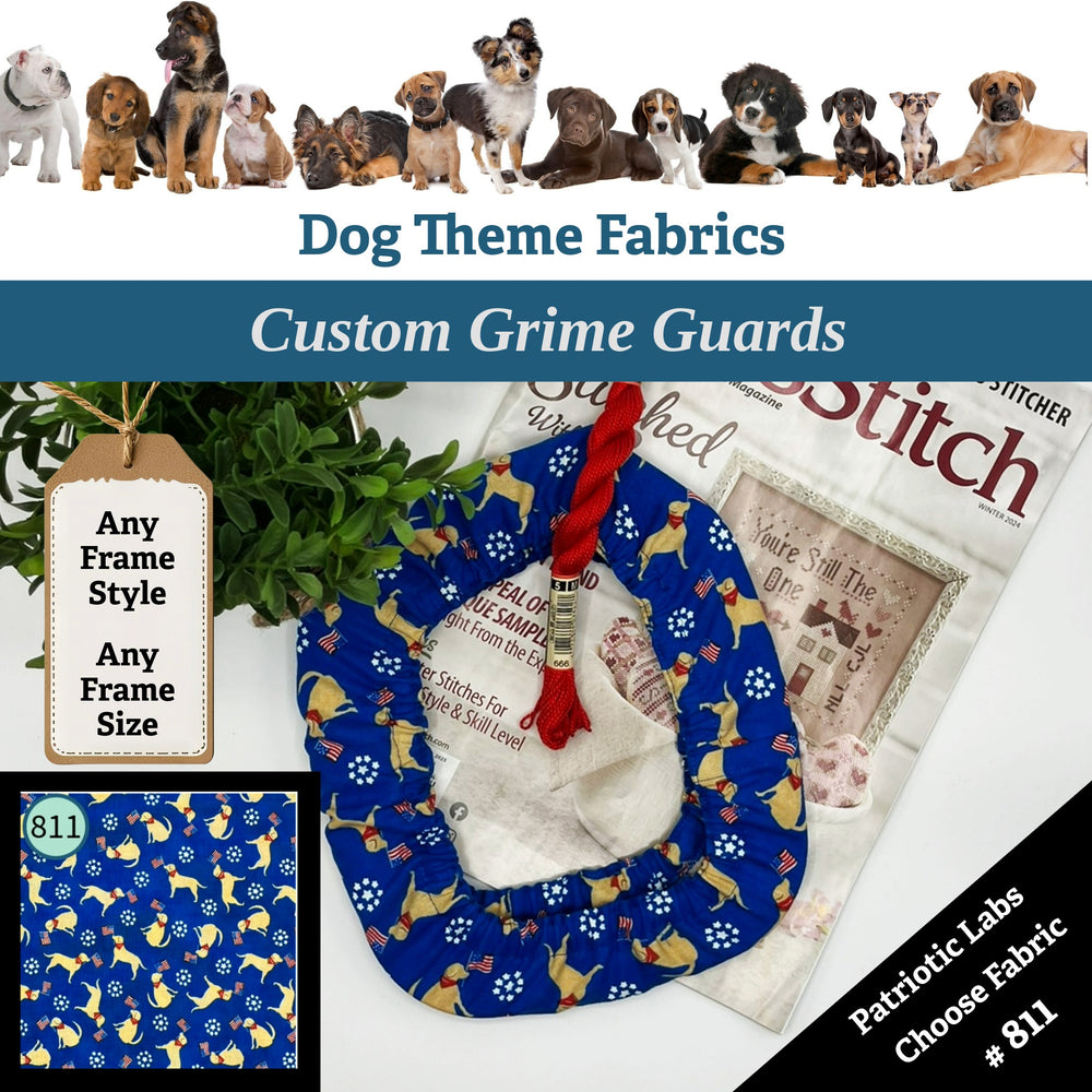 Dog-themed custom grime guards with fabric swatch and text overlay on a white background