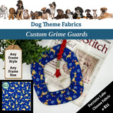 Dog-themed custom grime guards with fabric swatch and text overlay on a white background