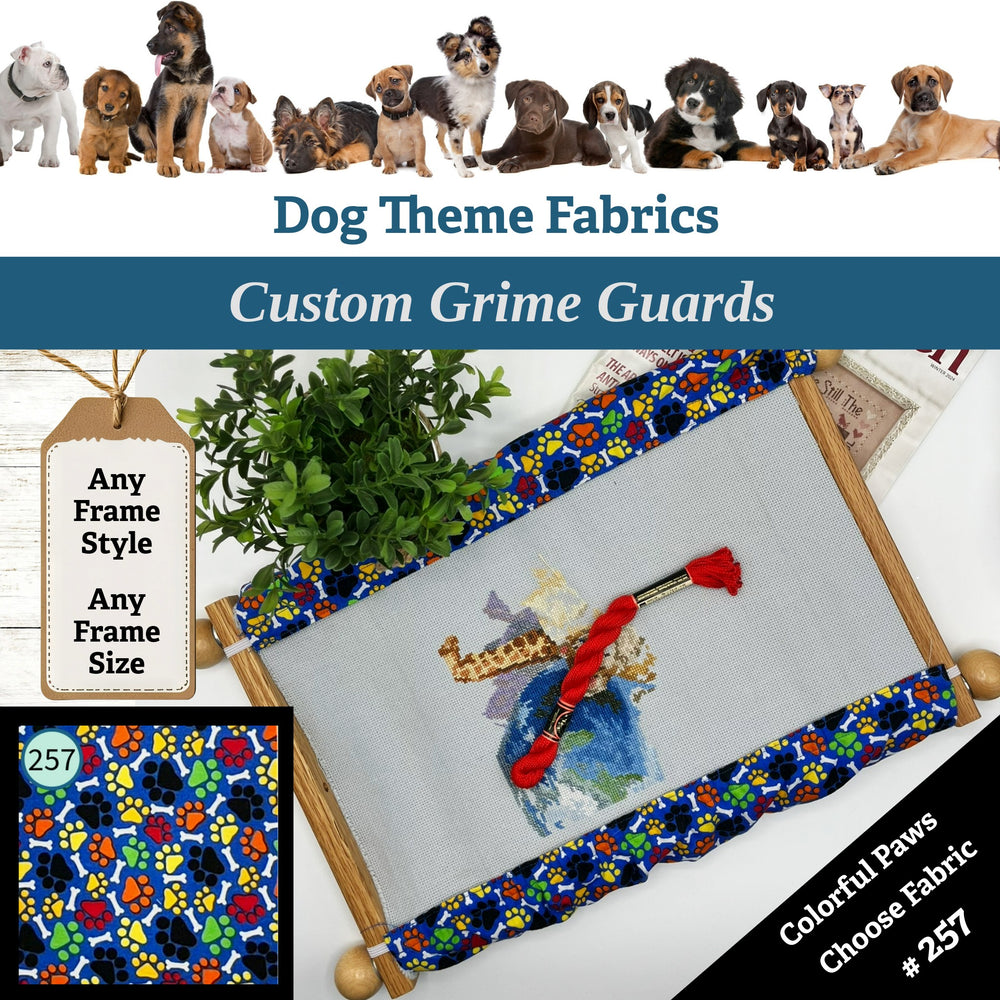 Dog theme fabrics with colorful grime guards and a selection of dog breeds at the top.