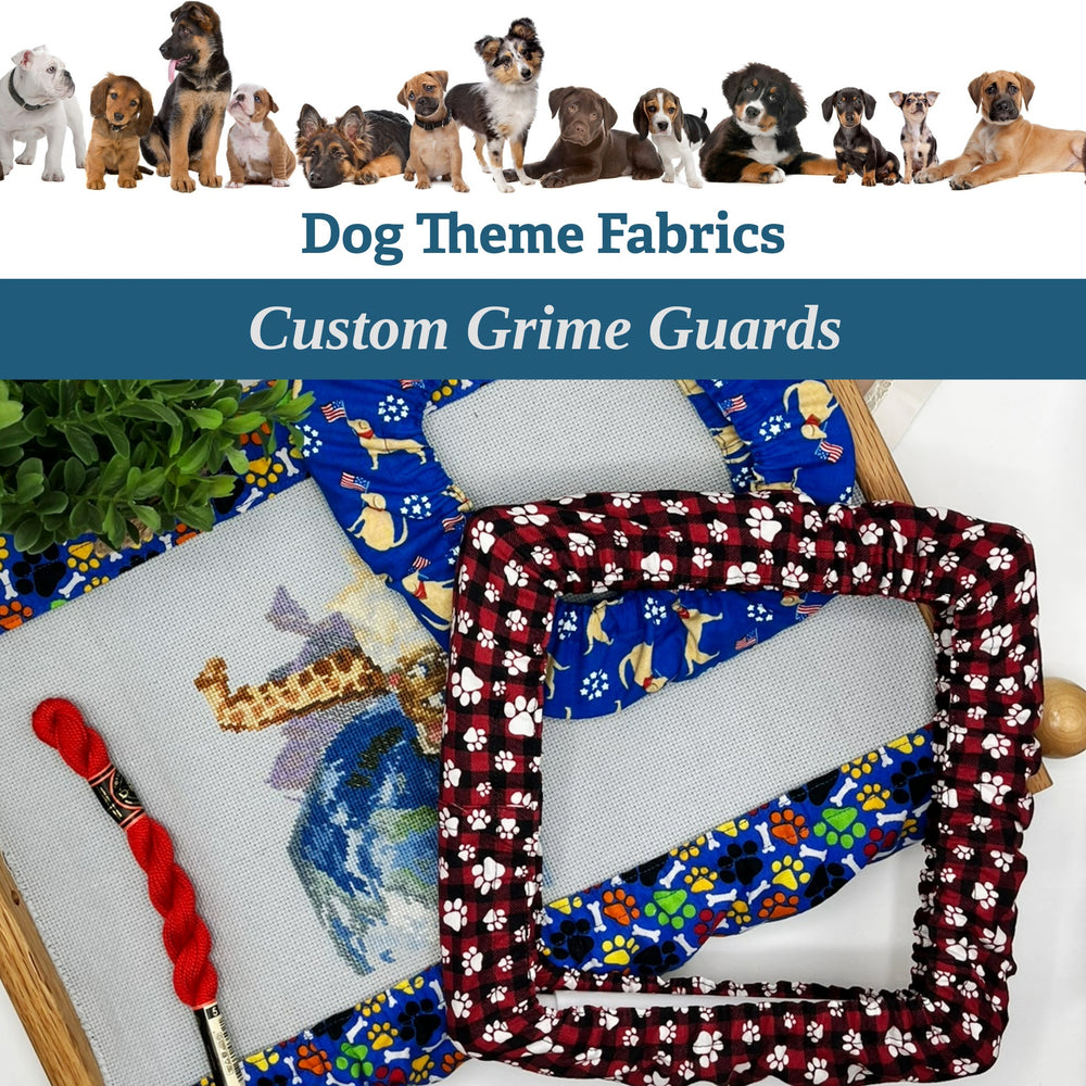 Dog-themed fabric grime guards for scroll frames, qsnaps, nurge frames and embroidery hoop frames.