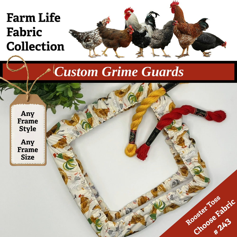 Qsnap frame grime guard in a rooster design and text about customizable grime guards and fabric collection.