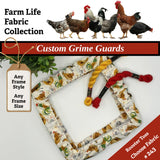 Qsnap frame grime guard in a rooster design and text about customizable grime guards and fabric collection.