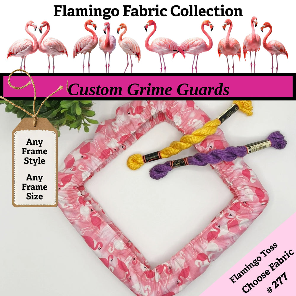 Flamingo-themed fabric collection of customized grime guards.
