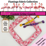 Flamingo-themed fabric collection of customized grime guards.