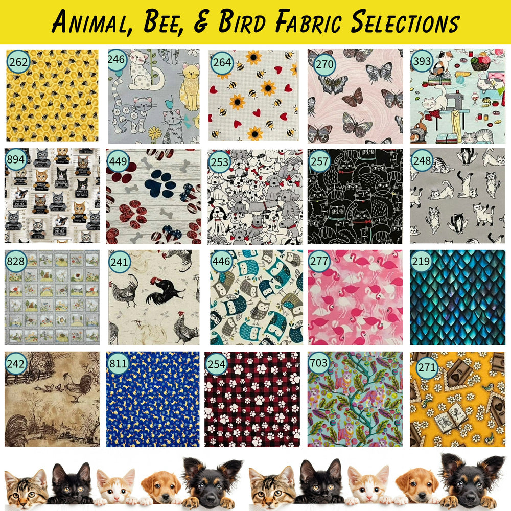 Collage of animal, bee, and bird fabric selections with a yellow banner at the top.