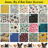 Collage of animal, bee, and bird fabric selections with a yellow banner at the top.