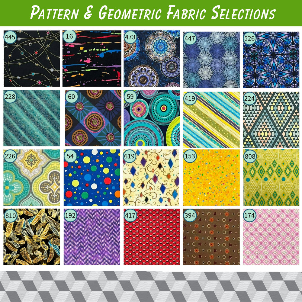 Collection of patterned and geometric fabric selections with a green banner at the top.