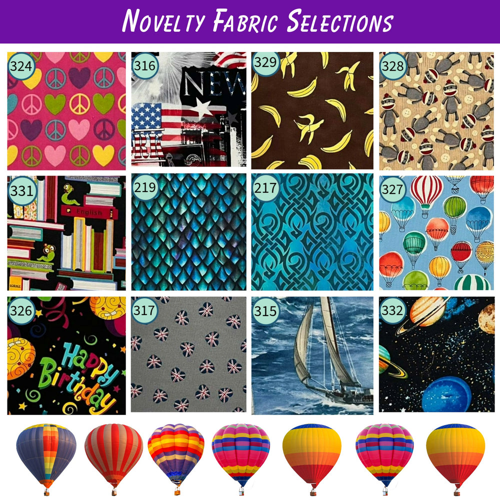 Collage of novelty fabric selections with various patterns and designs, including hot air balloons at the bottom.