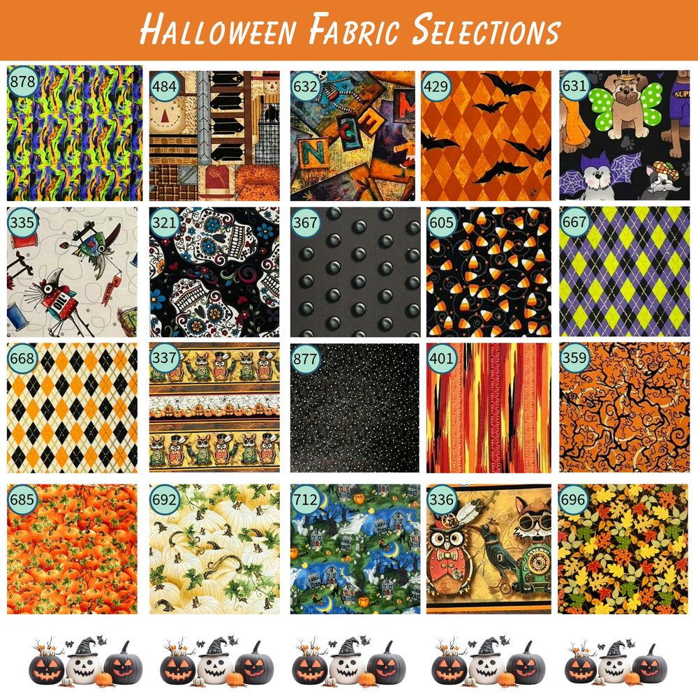 Halloween-themed fabric selections with various patterns and designs.