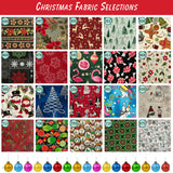 Collage of Christmas-themed fabric patterns with colorful ornaments at the bottom.