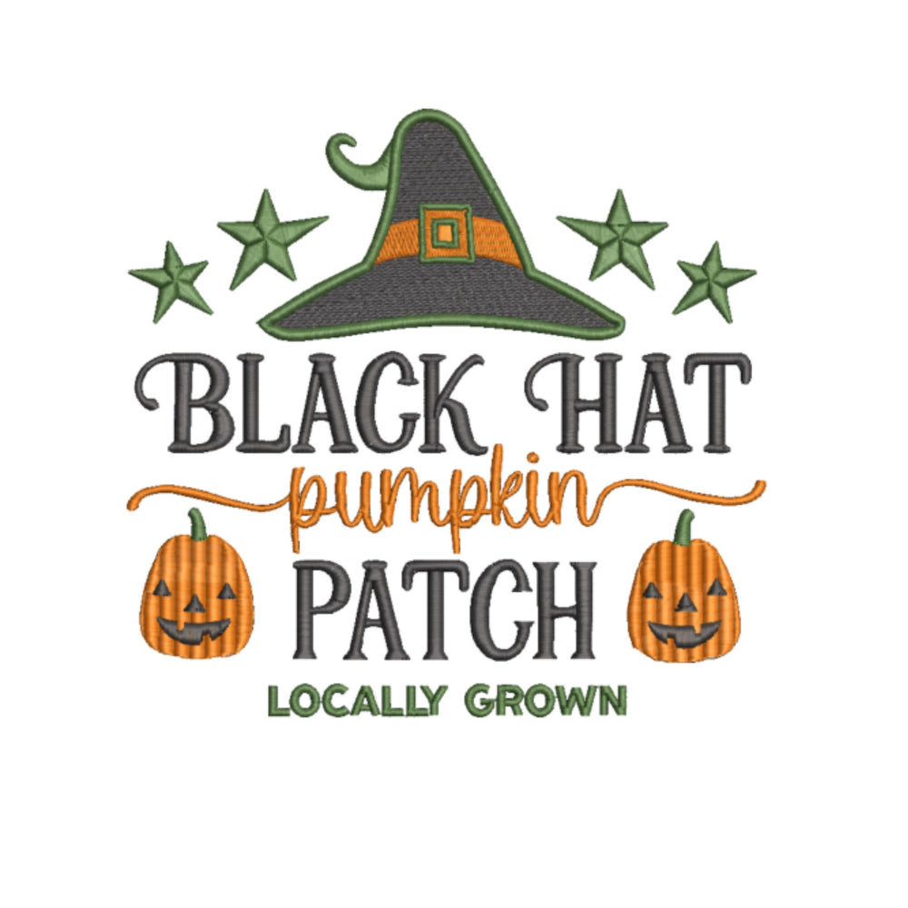 Halloween-themed design with a witch hat, pumpkins, and text on a white background
