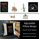 Halloween-themed adjustable pillow cover with various designs on a white background.