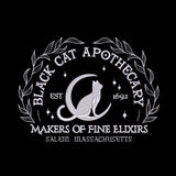Black Cat Apothecary decorative throw pillow with a cat and moon design on a black background