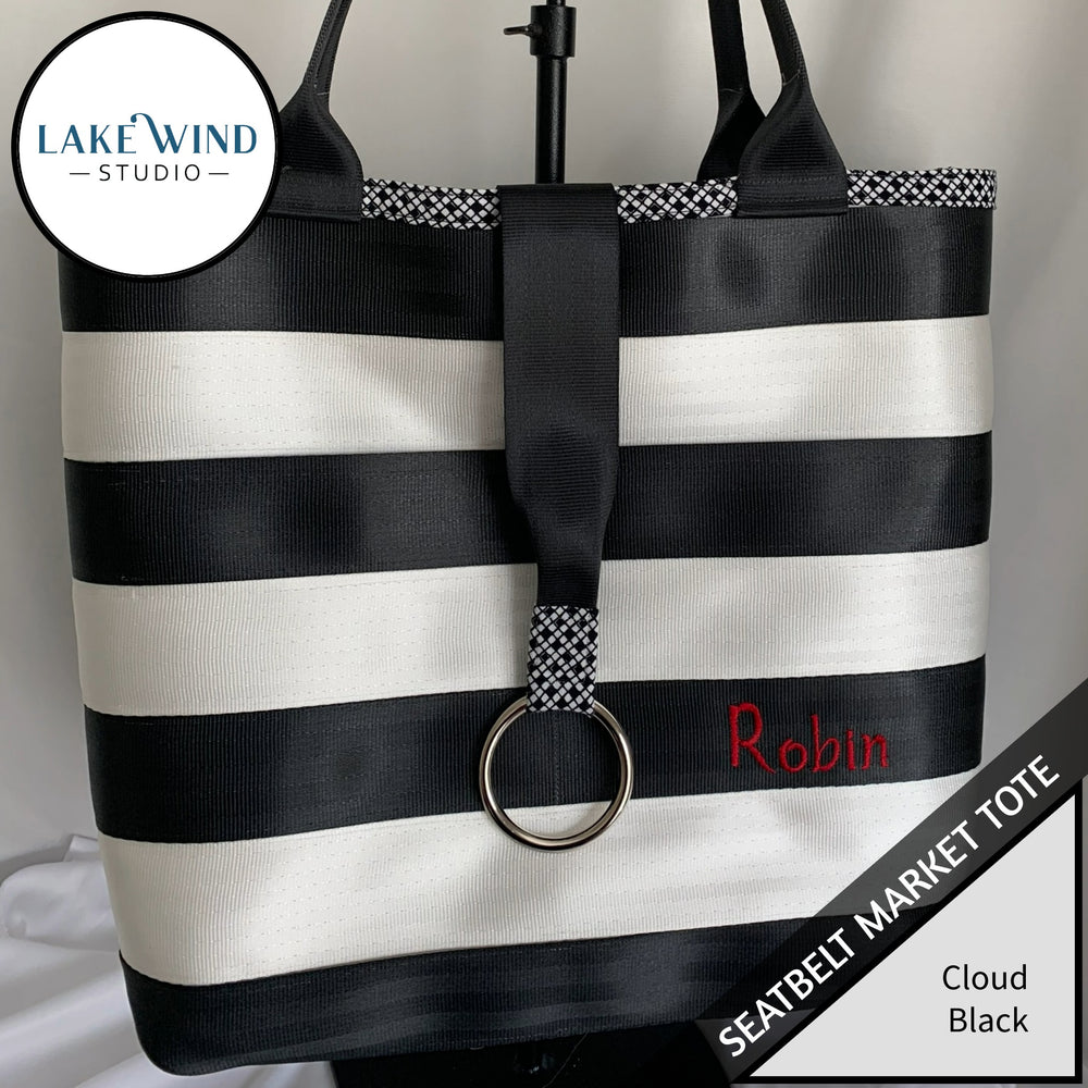 Seatbelt market tote - black and white