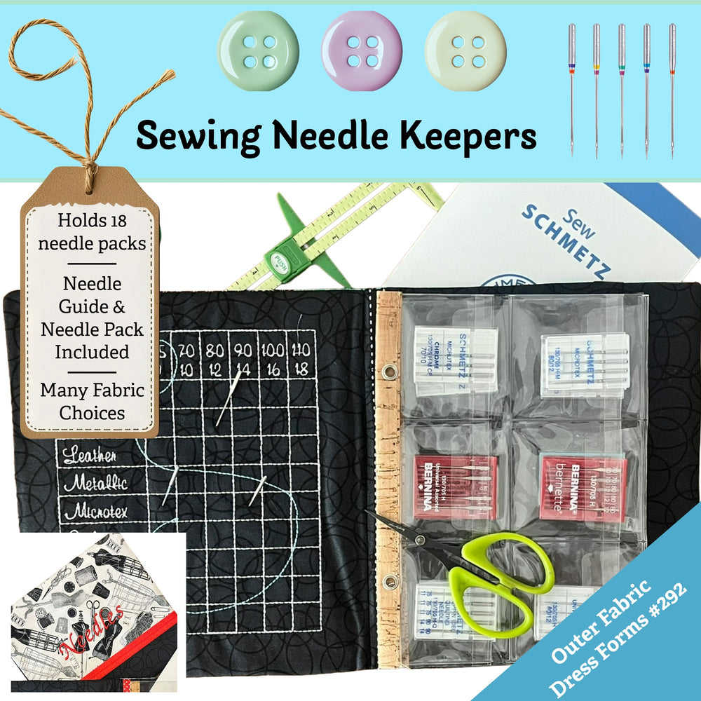 Sewing needle keeper with needle packs, guide, and scissors on a blue background