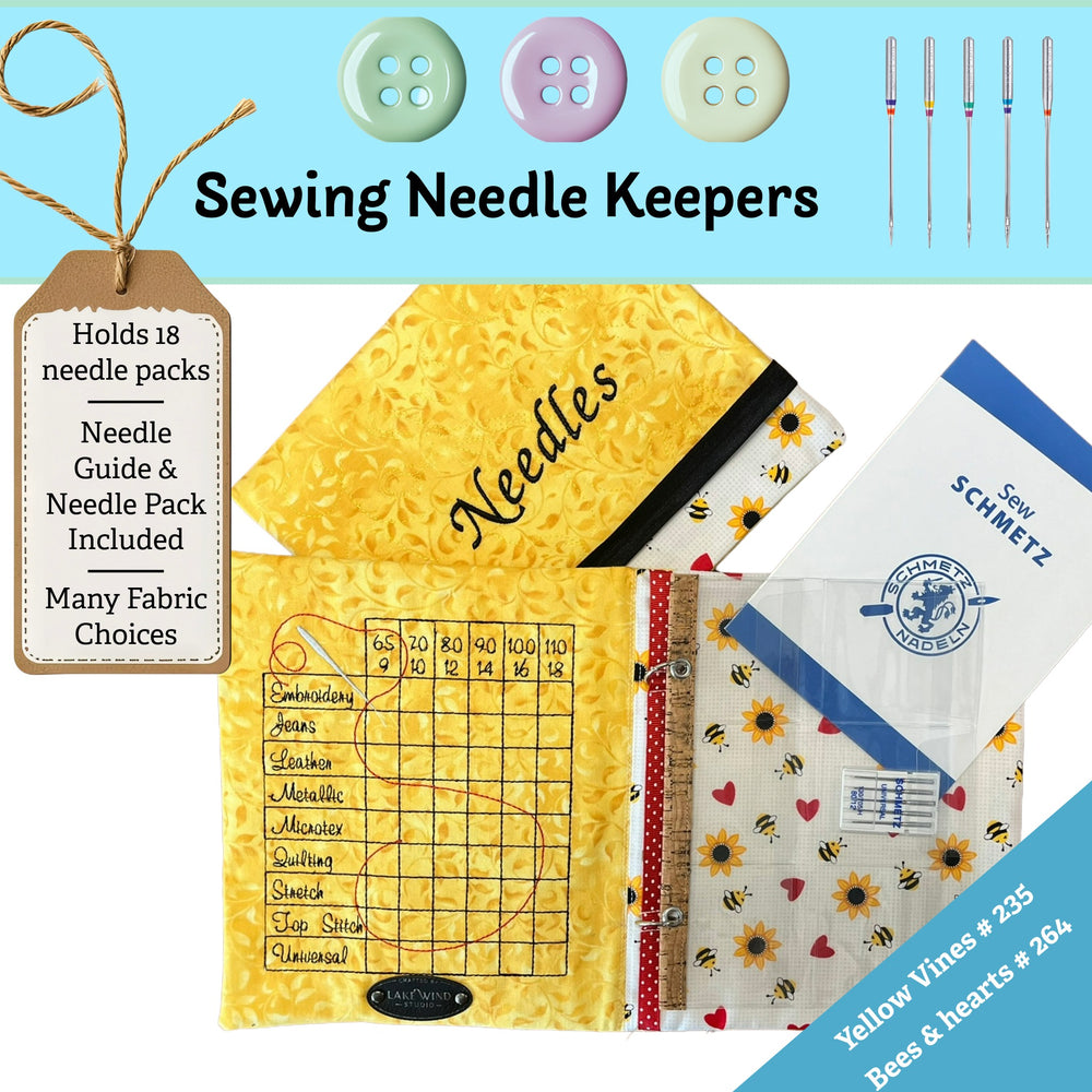 Sewing needle keepers with a yellow organizer, fabric choices, and sewing accessories on a blue background.