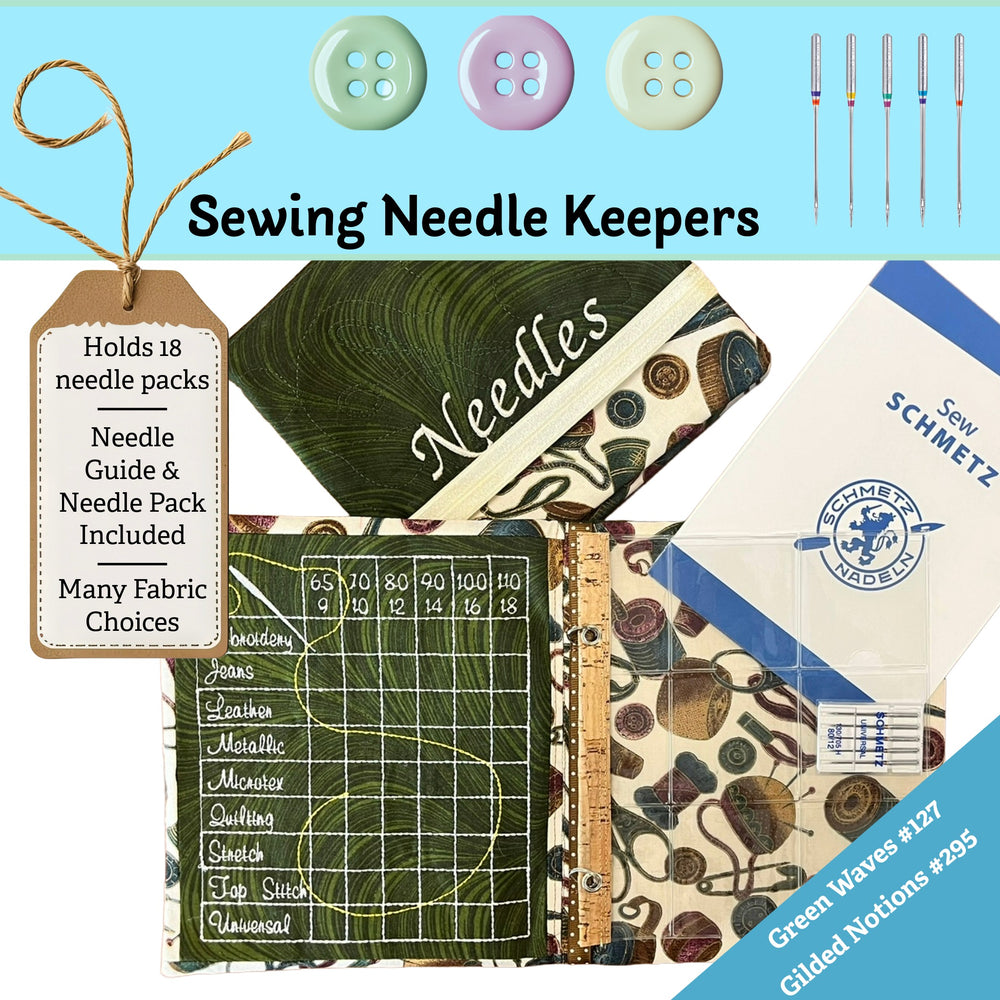 Sewing needle keepers with buttons, needles, and fabric choices on a blue background