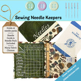 Sewing needle keepers with buttons, needles, and fabric choices on a blue background