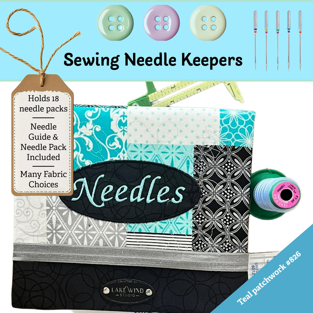 Sewing needle keeper with teal patchwork design, buttons, needles, and thread on a blue background.