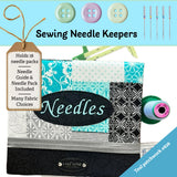 Sewing needle keeper with teal patchwork design, buttons, needles, and thread on a blue background.