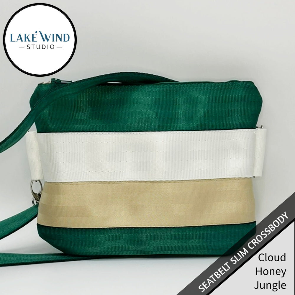 Slim Seatbelt Crossbody Bag - green, tan and white