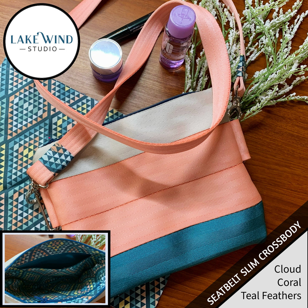 Slim Seatbelt Crossbody Bag - coral, white, teal