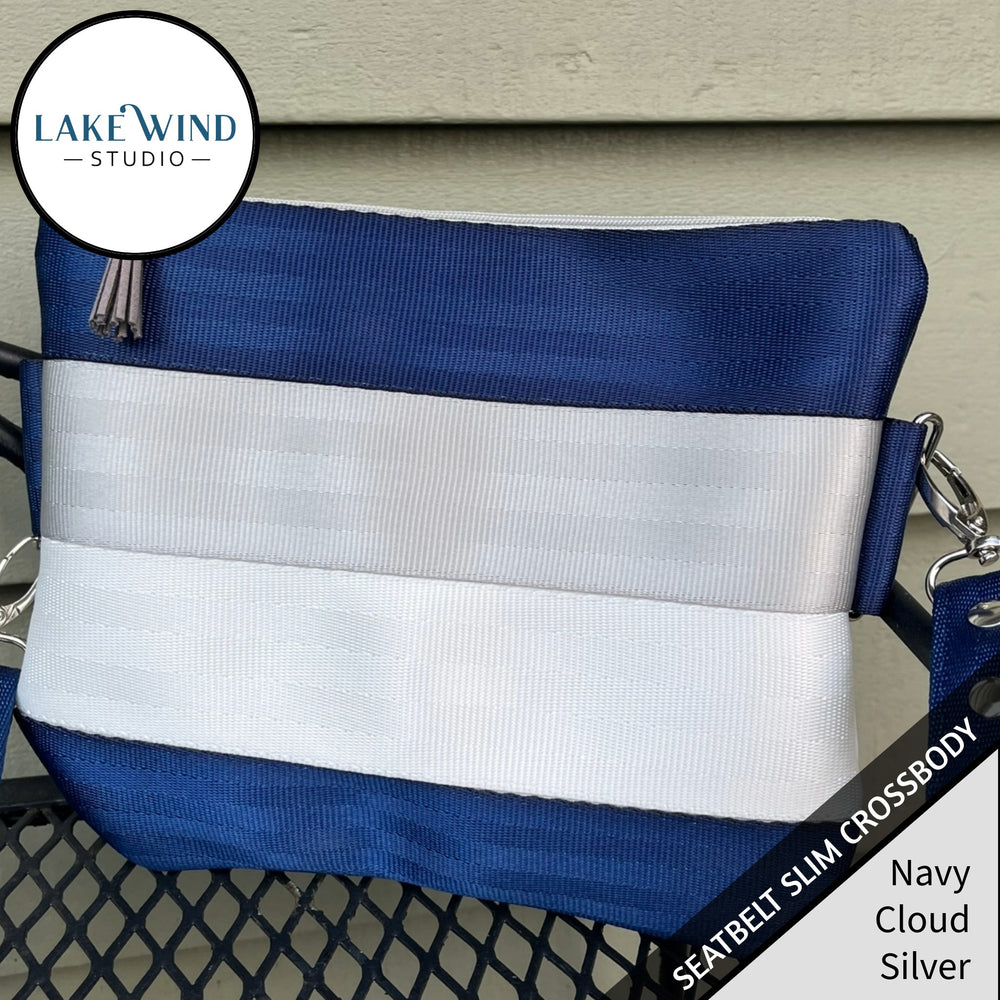 Slim Seatbelt Crossbody Bag - navy, silver, white