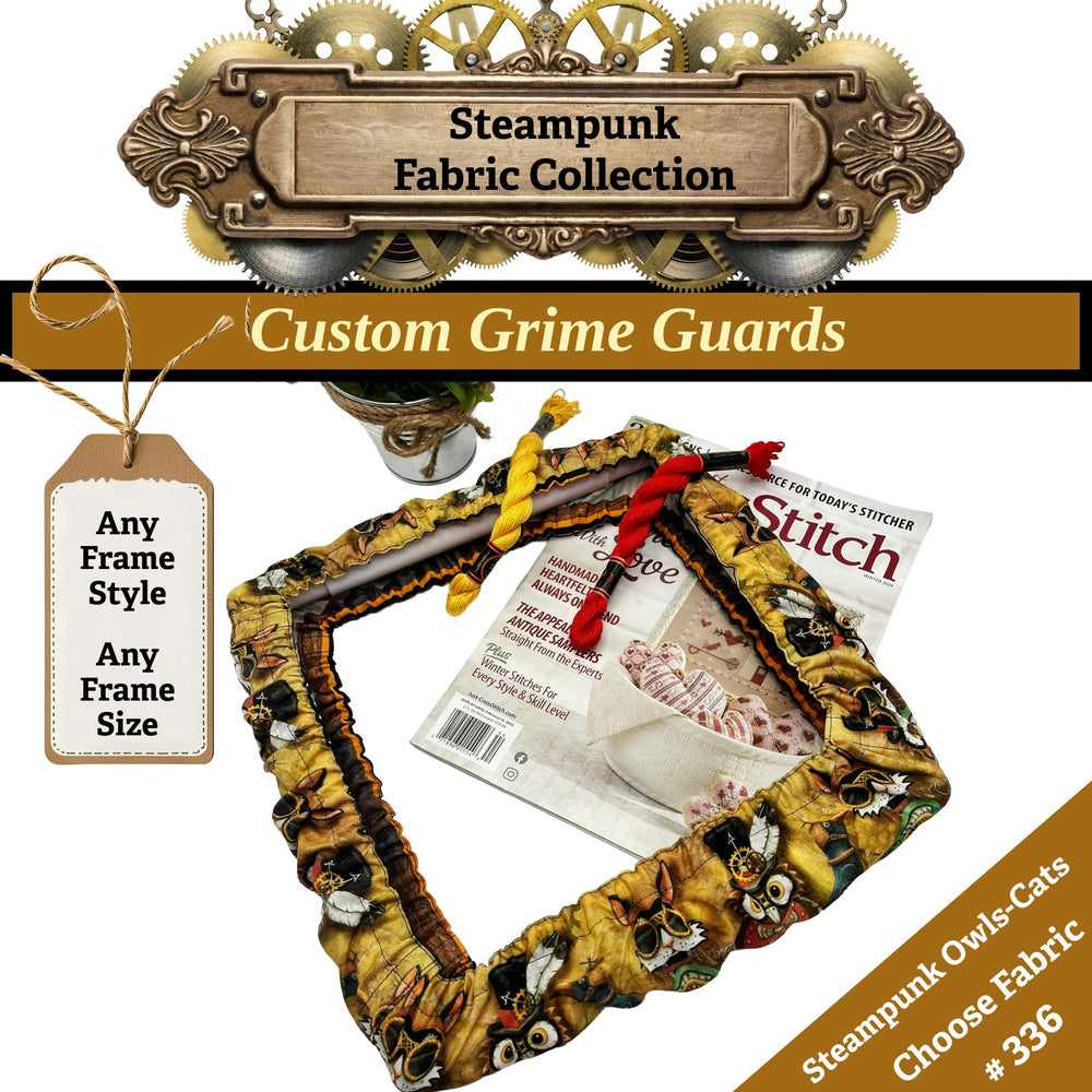 Steampunk fabric collection with a custom grime guard featuring Steampunk-themed design.