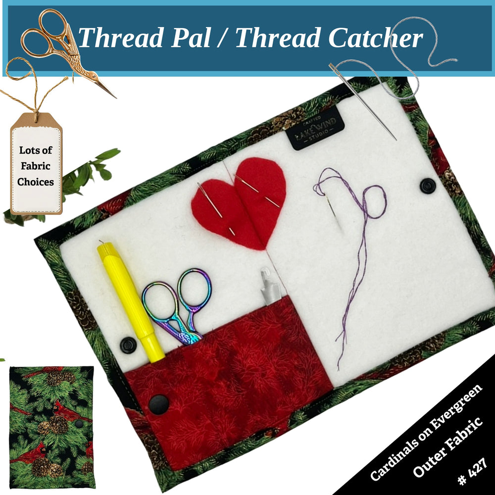 Thread Pal with fabric, scissors, and thread on a white background