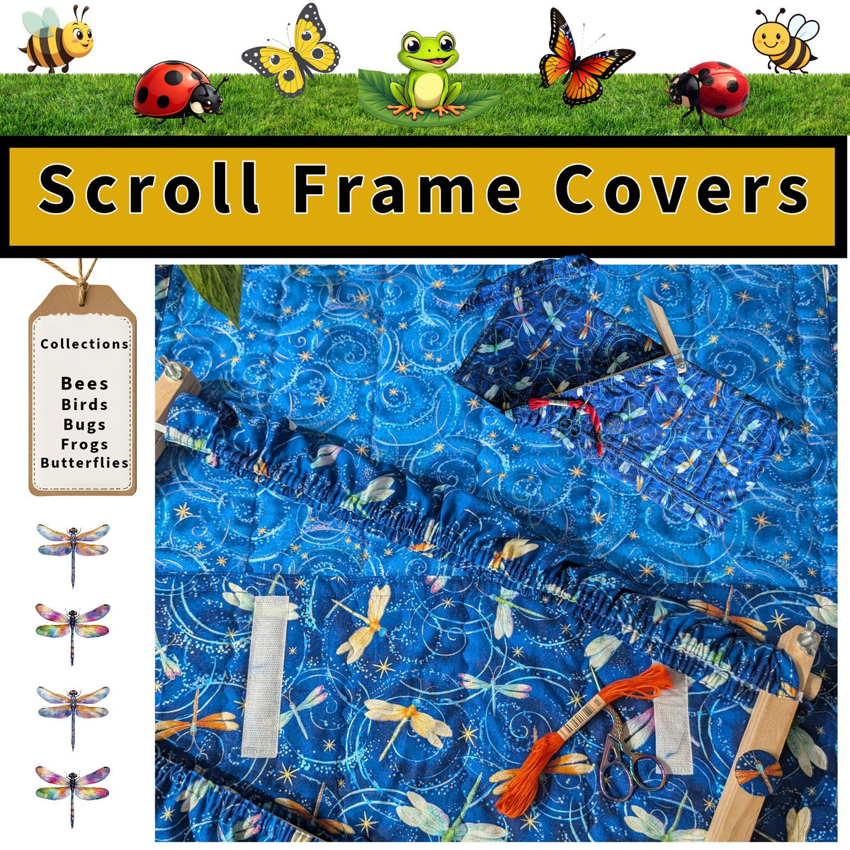 Scroll Frame Cover & Grime Guard Set - Bird Bee Fabrics Group 2