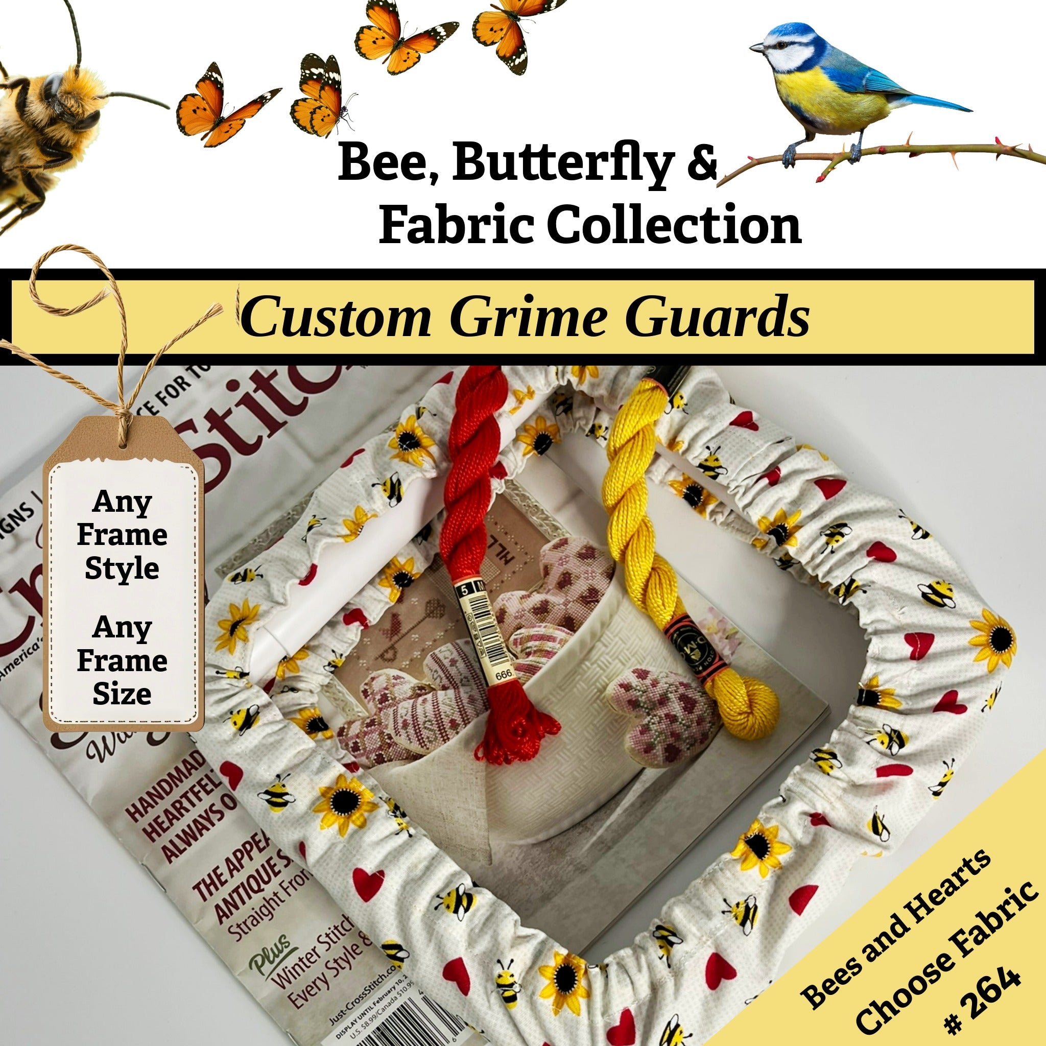 Custom grime guards with bee, butterfly, and fabric design on a white background