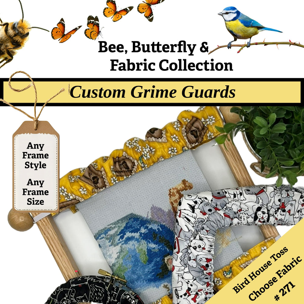 Collage of custom grime guards with bee, butterfly, and fabric design elements.