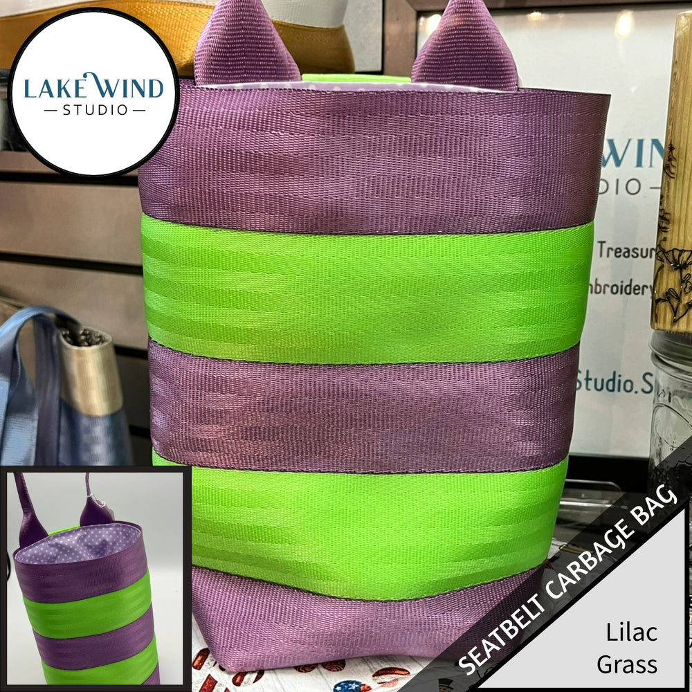 Garbage bag for car made from seatbelt webbing - lilac and green